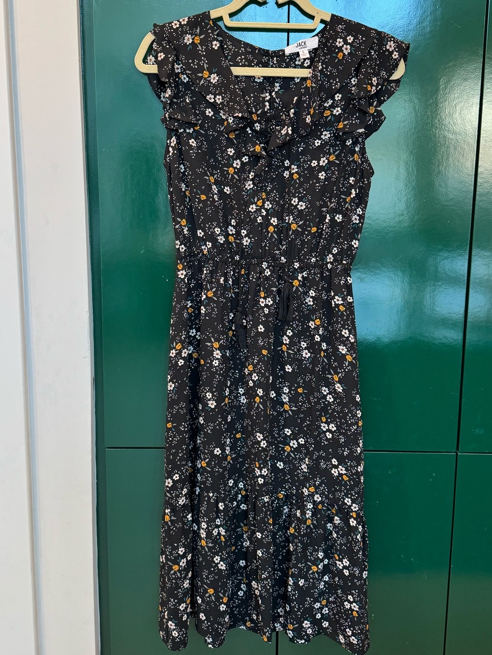 BB Dakota Black Floral Midi Dress with Ruffle Shoulders